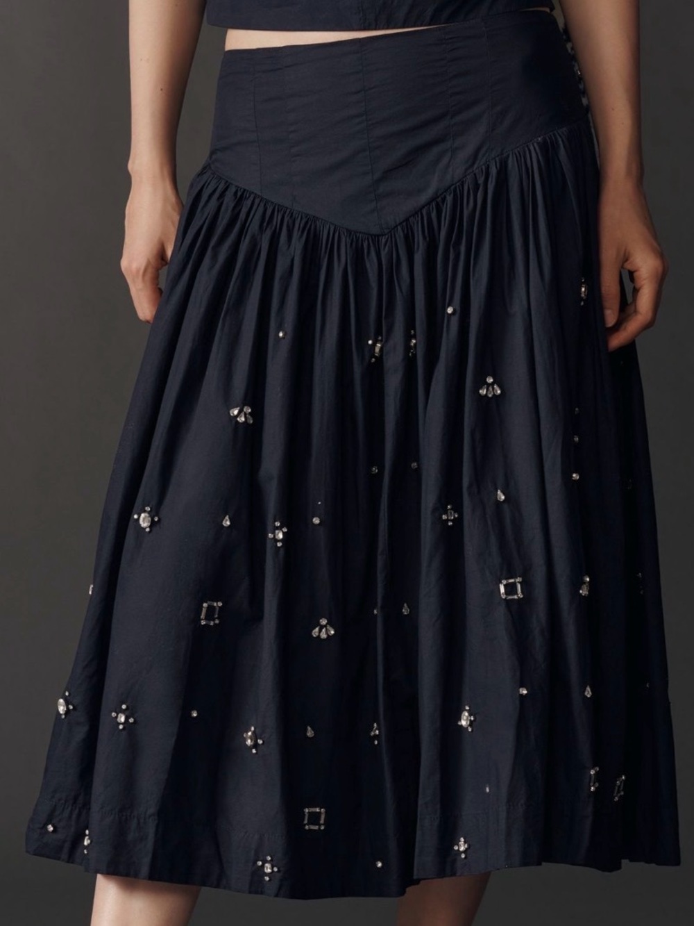 Anthropologie new Maeve Basque-Waist Midi lined Skirt XS navy blue fall boho